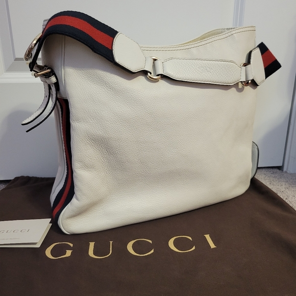 Gucci Sherry White Leather Stripped Hobo - Picture 1 of 12